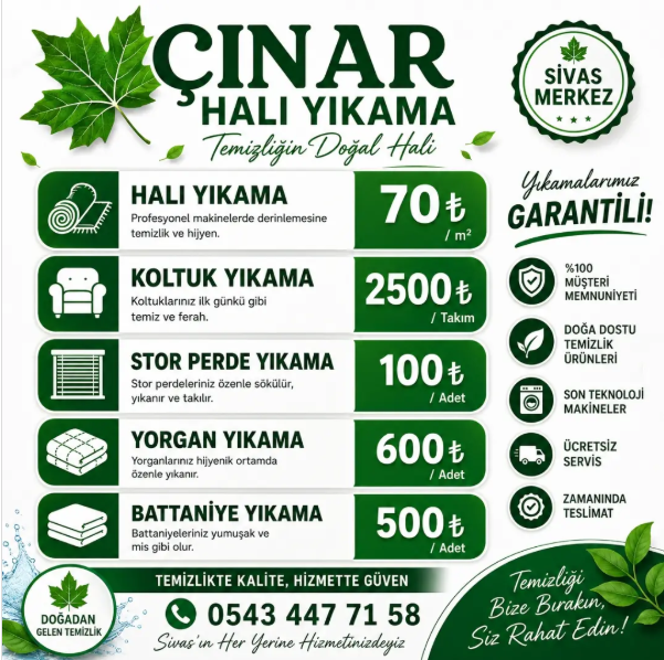 Çınar Halı Yıkama fiyat listesi